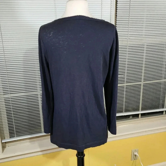J. Crew Tuxedo Ruffle Front Navy Blue Scoop Neck Knit Top, Large (Org $70) - Picture 3 of 7